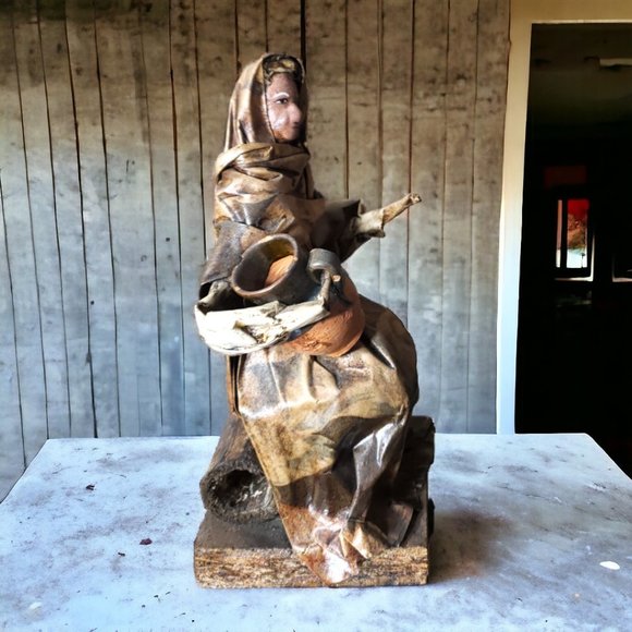 Paper Mache Mexican Folk Art - Peasant Woman Seated Holding Clay Pot - Picture 3 of 6